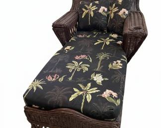 Vintage Wicker Chaise Lounge with Tropical Floral Upholstery