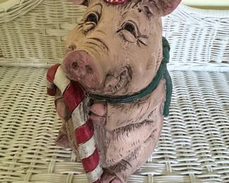 Ceramic Pig Figurine with Candy Cane and Hat