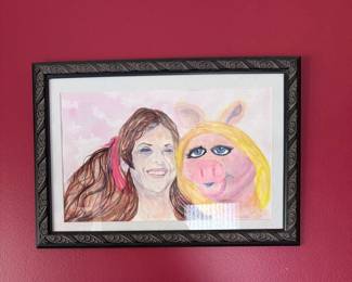 Watercolor Portrait of Miss Piggy and Unknown Woman by T. Casas, 1995