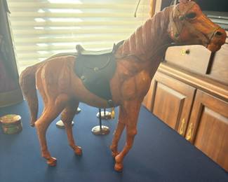 Vintage Leather Wrapped Horse Figurine with Saddle