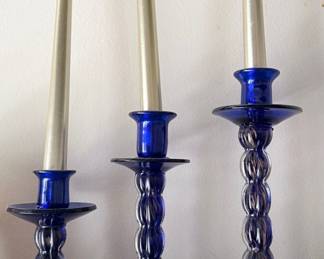 Set of 3 Vintage Cobalt Blue Glass Candlesticks with Bubble Stem