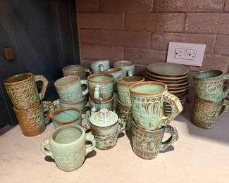 Large set of Frankoma Green Aztec cups, saucers, creamer and sugar