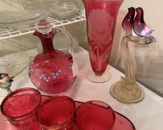 Vintage Egermann Bohemian etched glass, Murano glass birds