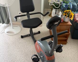 Recumbent bike with digital screen and adjustable seat.