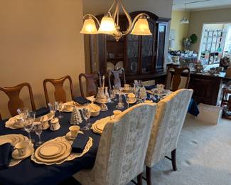 Ethan Allen oval double pedestal table with 2 leaves, china cabinet & server.