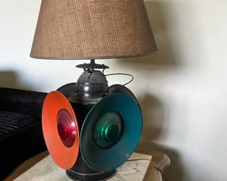 Converted vintage railroad signal lamp with red and green lenses