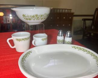 Classic Pyrex "Spring Blossom" green mixing bowl, mugs, and accessories