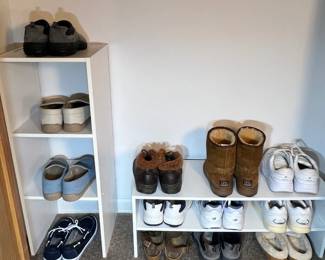 Collection of footwear including Ugg boots, sneakers, and sandals
