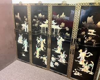 Four-panel black lacquer room divider with mother-of-pearl "shibayama" style inlay