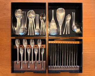 63 piece set of vintage Dansk ‘Odin’ stainless steel flatware. This set comes in four custom smokey black acrylic cases, two have custom walnut insterts