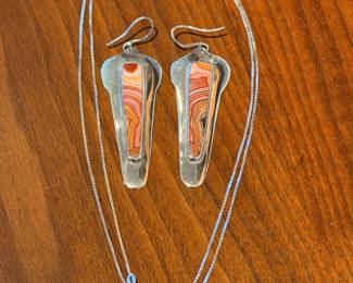Theodore Drendel signed sterling & agate earrings and a sterling chain with amber pendant