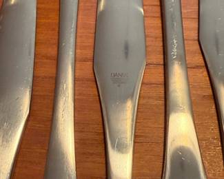 63 piece set of vintage Dansk ‘Odin’ stainless steel flatware. This set comes in four custom smokey black acrylic cases, two have custom walnut insterts