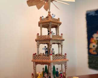 Vintage 4-tier Nativity pyramid with music box, nearly 2’ tall!