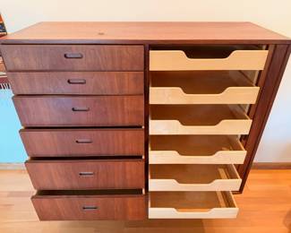 Ca. 1960’s Falster Møbelfabrik teak gentleman’s chest with tambour door.  There is a small ding to the top but this piece is in overall very nice unrestored condition