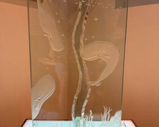 George Luna etched art glass whale sculpture