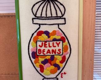 Unique 1981 Jelly Bean Jar embroidery by Grumbacher, framed