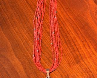 Vintage Pueblo 8 strand coral and turquoise necklace with large turquoise pendant