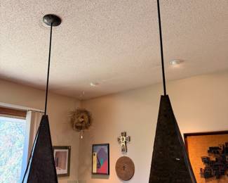 Custom made brutalist metal pendants made by our client in LA ca. 1972.  They are replicas of lighting in The Courthouse Restaurant in Hyde Park, Chicago
