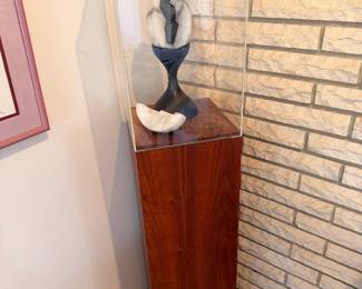 “The Egg” alabaster and graphite sculpture on wood base with lit acrylic cover.  This will be sold on the custom walnut stand.  Created by our client in 1967