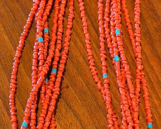 Vintage Pueblo 8 strand coral and turquoise necklace with large turquoise pendant