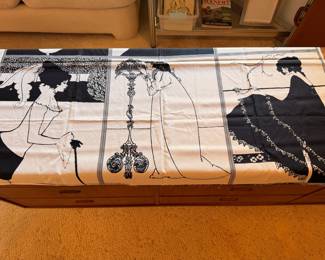 An assortment of groovy vintage fabric, including this small intact three panel piece by Aubrey Beardsley