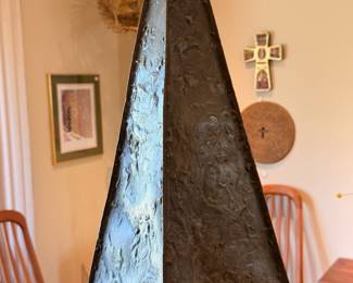 Custom made brutalist metal pendants made by our client in LA ca. 1972.  They are replicas of lighting in The Courthouse Restaurant in Hyde Park, Chicago