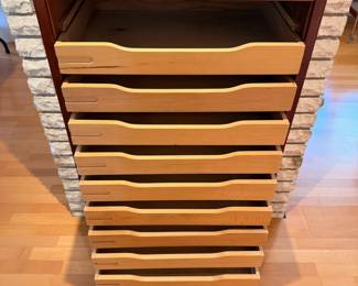 Custom made drop down tambour door teak jewelry chest with original skeleton key, made in the 60’s