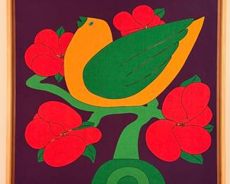 Howard Smith, Finland framed bird and flower pop-art textile in amazing vintage codition.  29” x 29”