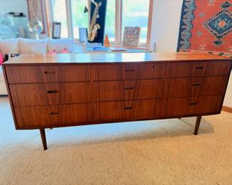 Ca. 1960’s  Falster Møbelfabrik lowboy dresser w/ original skeleton key.  The top probably should be refinished and there is a small veneer loss to one drawer and a quarter size ding on one side, but in overall very nice unrestored condition.