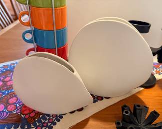 Two vintage Kyohdoh Ikebana white ceramic vases, vintage ceramic tray by Mimi Robinson for Crate & Barrel, vintage cast iron Robert Welch candlestick and more