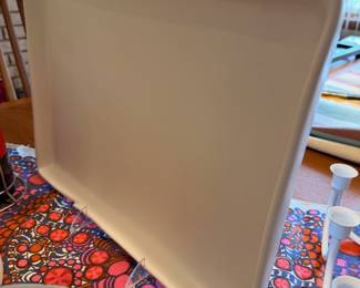 Two vintage Kyohdoh Ikebana white ceramic vases, vintage ceramic tray by Mimi Robinson for Crate & Barrel, vintage cast iron Robert Welch candlestick and more