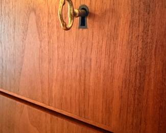 Ca. 1960’s  Falster Møbelfabrik lowboy dresser w/ original skeleton key.  The top probably should be refinished and there is a small veneer loss to one drawer and a quarter size ding on one side, but in overall very nice unrestored condition.