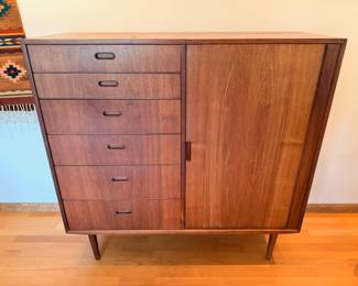 Ca. 1960’s Falster Møbelfabrik teak gentleman’s chest with tambour door.  There is a small ding to the top but this piece is in overall very nice unrestored condition