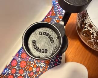 Two vintage Kyohdoh Ikebana white ceramic vases, vintage ceramic tray by Mimi Robinson for Crate & Barrel, vintage cast iron Robert Welch candlestick and more