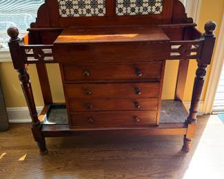 	#38	 Antique cabinet with tile and umbrella stand 42x14x13	 $225.00 				