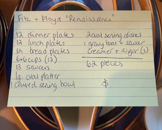 	#18	Fitz and Floyd Renaissance 62 pieces	 $225.00 				