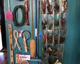 Gardening tools, extension cords, level