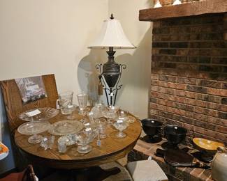 Depression glasd. Old oak table, floor lamp.