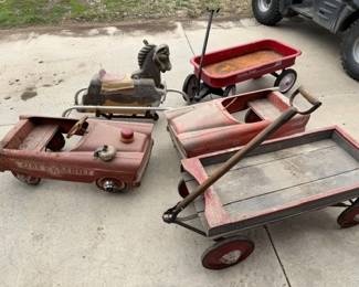 Pedal cars. Wagons. Aluminum rocking horse.