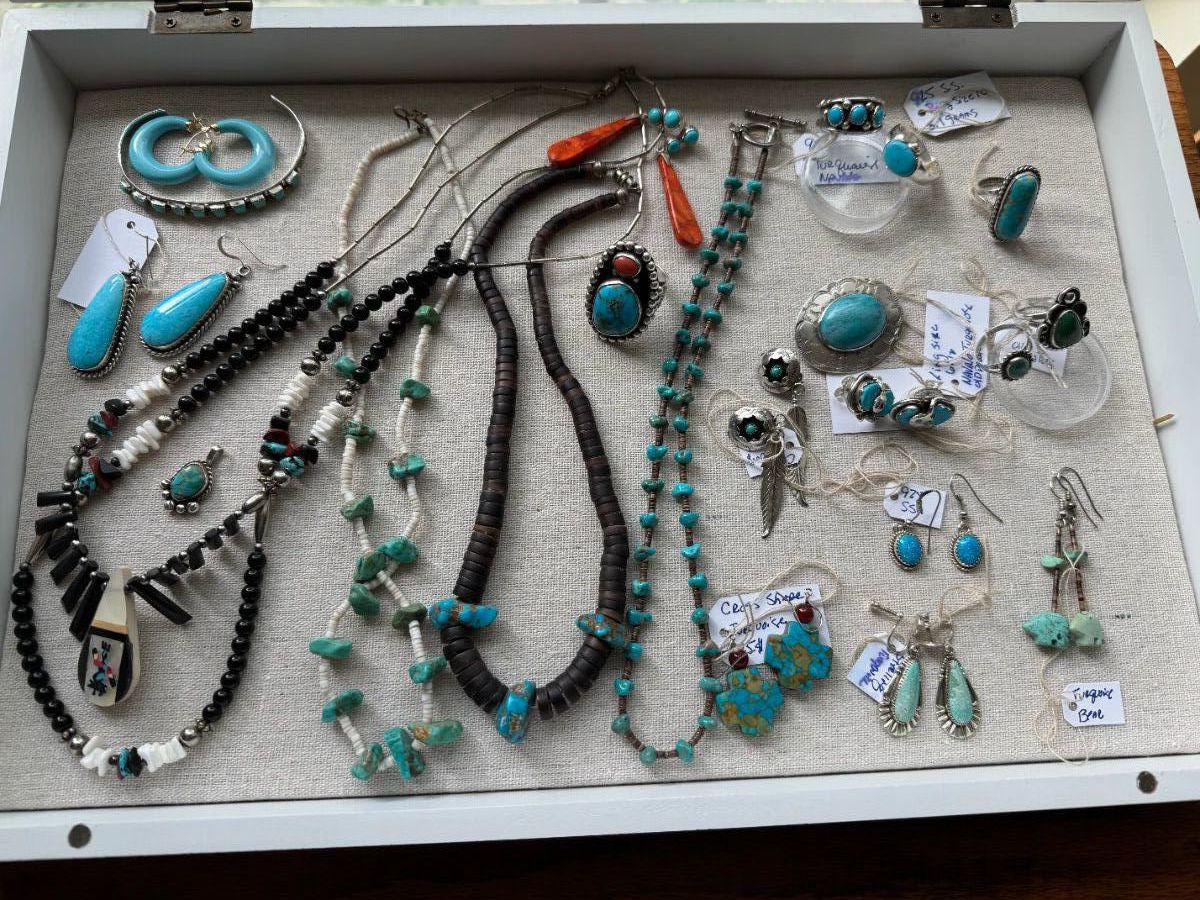 Native American Turquoise, earrings, rings, and necklaces