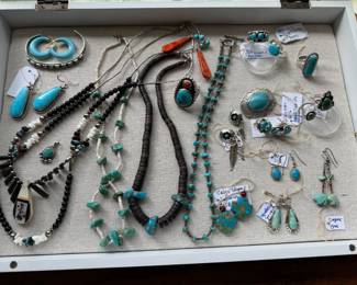 Native American Turquoise, earrings, rings, and necklaces
