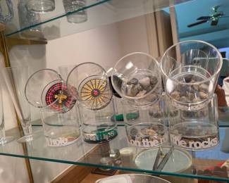 Casino acrylic bar glasses with the games on the bottom!   So fun