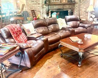 Leather Sectional  w/ wood & metal tables