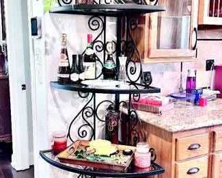 Glass and iron w/glass shelves corner bakers rack (unique piece)