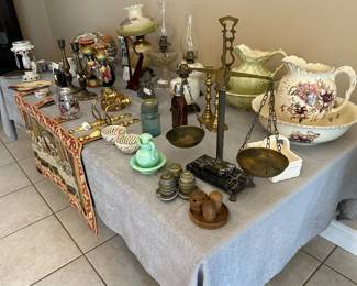 Brass Scales, Milk Glass Lamp,  other collectibles.