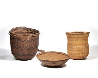  Previous # 3 Next (3pc) ANTIQUE WOVEN YANOMAMI BASKETS | Including two with contrasting colored pattern, one of low shape and one with a carrying handle; plus an unprinted vasiform basket
