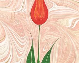 TURKISH EBRU (MARBLED PAPER) WITH TULIP, SIGNED AND DATED 2007 | Framed and matted marbled paper depicting a single red tulip on a pink and cream swirling Ebru ground. Signed lower right and dated "2007." Housed under glass in a painted wood frame with a gilt inner lip and a dark green double mat.