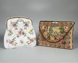 (2pc) PAIR VINTAGE BEADED AND NEEDLEPOINT EVENING HANDBAGS WITH CHAIN HANDLES | Pair of vintage evening handbags: one white seed-bead evening bag with pastel floral beadwork radiating from a central motif, beaded flower snap and gilt metal frame with a short gold-tone chain handle. The second is a rectangular needlepoint/petit-point tapestry purse depicting a pastoral figural scene with a floral border, gilt metal frame and chain shoulder strap. Both bags are fully covered on the exterior in handworked beads or stitched needlepoint and show metal frames with applied chain handles.  Dimensions: h. 6 x w. 8 in (needlepoint handbag)