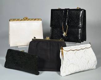 (5pc) GROUP OF FIVE HANDBAGS & CLUTCHES | Group of five evening handbags and clutches including a black glass-beaded kiss-clasp clutch, a white beaded scalloped-top clutch with gold-tone hardware, a white textured vinyl/pearlized metal-frame bag, a black gathered fabric shoulder bag with gold-tone frame and single strap, and a black faux-croc structured shoulder bag with flap and buckle strap. The black beaded clutch is densely covered in small seed beads and has a dual-kiss clasp, one ball set with a clear rhinestone. The gathered black fabric bag features a straight gold-tone metal frame and single shoulder strap. All pieces show metal kiss-lock or framed closures and assorted bead and fabric exteriors as pictured.