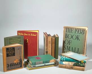 (17pc) ASSORTED VINTAGE CHILDREN'S AND ADULT BOOKS (TEN LITTLE BROWNIE MEN, PERENNIAL HARVEST, ETC.) | Grouping of mixed vintage hardcover and softcover books, comprising children's readers, early readers and adult titles with cloth and paper covers and several dust jackets. Visible examples include Ten Little Brownie Men by N. Moore Banta (decorative cloth cover), Perennial Harvest (green cloth), The Adventures of Ulysses by Gerald Gottlieb (illustrated cover), and a large volume titled The 1938 Book of Small Houses with dust jacket. Also includes small early readers such as We Look and See.  Largest book: h. 12 x w. 9 x d. 1 in.